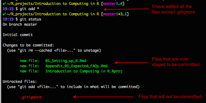 The files in green are what you have added and are what will be tracked by git when we commit. The files in red are ones that git is not keeping track of and will not be committed.